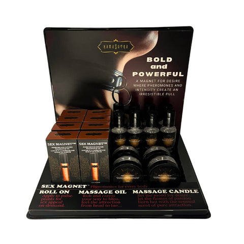 Sex Magnet Pheromone Leather Prepack Display  20 Units for Sale 8 Roll On Fragrance, 8 Massage Oils,  4 Massage Candles
